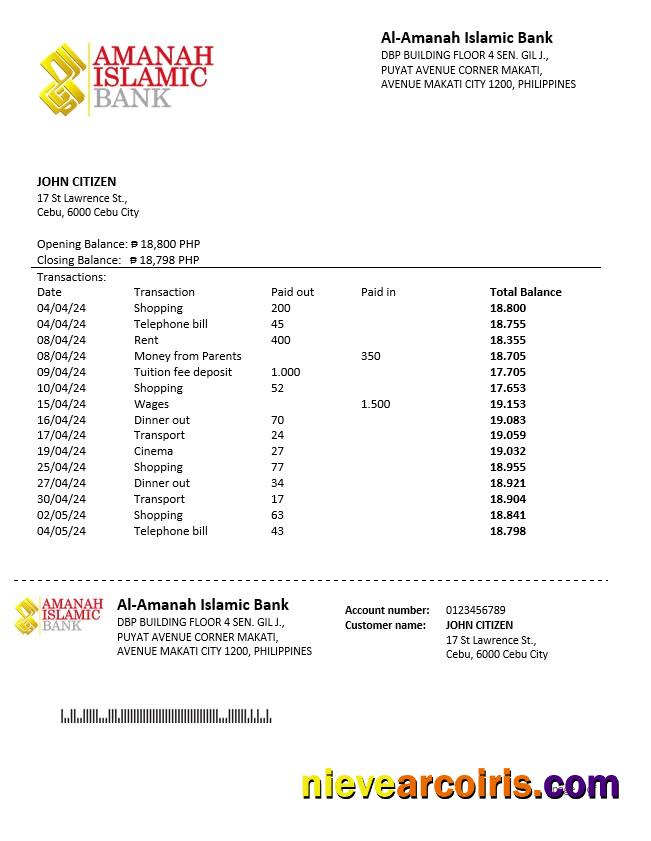 Philippines Al Amanah Islamic Investment Bank Statement